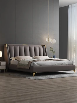 המיטה החדשה עור הראשי מיטה פשוטה מודרנית 1.8 מ ' מיטה זוגית אחסון מיטת הכלולות איטלקי עור יוקרתי, מיטה