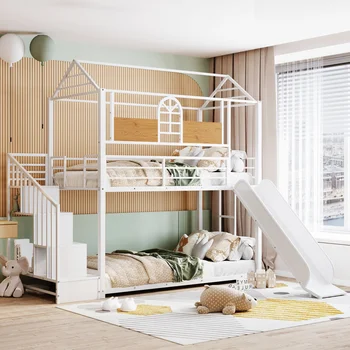 תאום על תאום מתכת עם מיטת קומותיים ,מתכת Housebed עם שקופיות, אחסון מדרגות,לבן עם לבן שקופיות