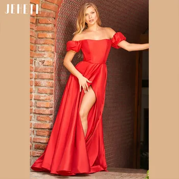 JEHETH סאטן אדום Off-כתף קו שמלת הערב רשמית נשים קשת מתוקה ללא משענת צד פיצול נשף מסיבת שמלה באורך רצפת