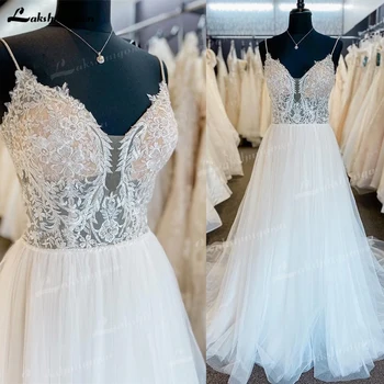Lakshmigown ספגטי רצועת קו שמלת החתונה העצום תחרה על המחוך Birdal טול שמלת כלה עבור שמנמן גדול גודל hochzeitskleid