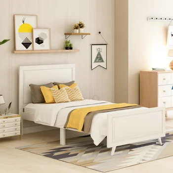 עץ פלטפורמה מיטת טווין מסגרת המיטה למזרן בסיס עם ראש מיטה, עץ פסיס תמיכה (לבן) לבן מעץ מלא