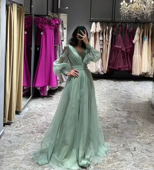 AsaNagi ירוק מנטה שמלות נשף קומת אורך צוואר V חרוזים מלא שרוולים נשים אלגנטי שמלה הסעודית ערבית שמלת נשף 2023