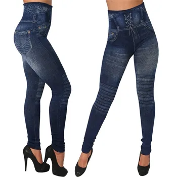 נשים אלסטי ג 'ינס מכנסי טייץ תרמי הדפס דמוי ג' ינס חותלות מכנסיים צמודים גבוה מותן חותלות צמר גפן מכנסונים לנשים