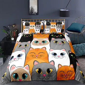 חתול קריקטורה השמיכה לכסות סט בעלי חיים קריקטורה הדפסה סט מצעים עם הכרית השמיכה לכסות על עיצוב חדר השינה