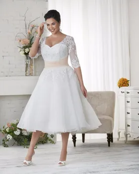 תה אורך בתוספת גודל שמלות חתונה 2023 חצי שרוולים אפליקציות תחרה חרוזים נשים שמלת כלה בהזמנה אישית Vestido De Noiva