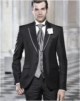 5Pieces(ז ' קט+מכנסיים+עניבה+אפוד+ממחטה) לשיא דש שחור Custume Homme חליפות גברים אופנה חליפות Terno Slim Fit בלייזר גברים