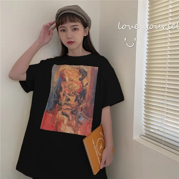 בציר צבע הדפסה ההגירה טי-שירט נשים חולצות לכל היותר יפנית Kawaii בנות Ulzzang הנשי קוריאני Harajuku בגדי נשים