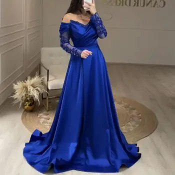 כחול מלכותי קפלים סאטן שמלת ערב 2023 מסיבת חתונה חרוזים אפליקציות שרוולים ארוכים אלגנטי לנשים התאמה אישית כדי Measuure