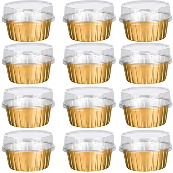קינוח כוסות עם מכסים, חבילת 50 זהב רדיד אלומיניום מחזיקי כוסות אפייה, לאפות עוגה השירות Ramekin ברור גביעי פודינג