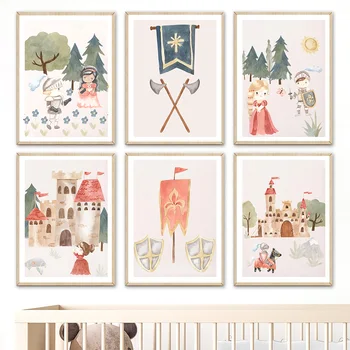 נסיכה, אביר הדרקון מימי הביניים באנר טירת הילדים קיר אמנות בד ציור פוסטרים, הדפסת תמונות קיר עיצוב חדר ילדים